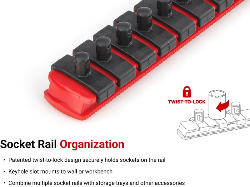 TEKTON 1/2 Inch Drive x 18 Inch Socket Rail, 15 Clips (Red) | OSR23115 | Made in USA - Image 2